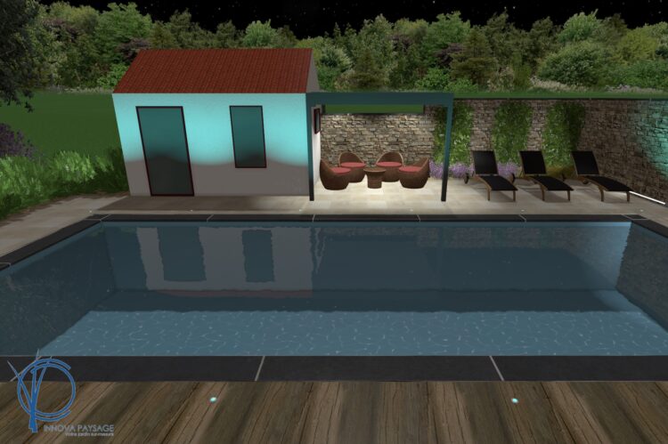 plan 3D jardin piscine nuit