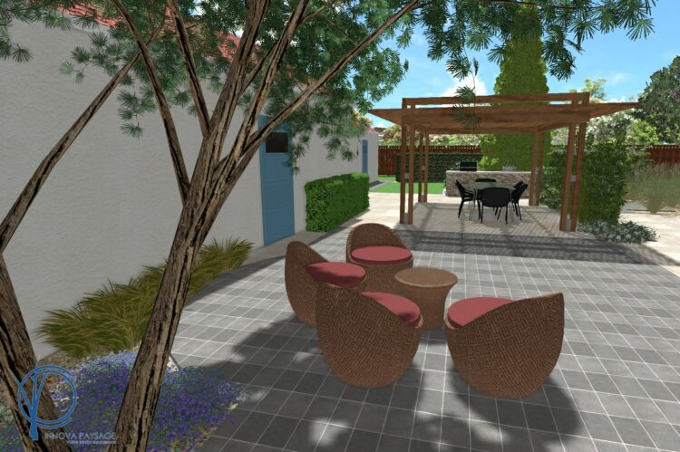 plan 3D jardin pergola