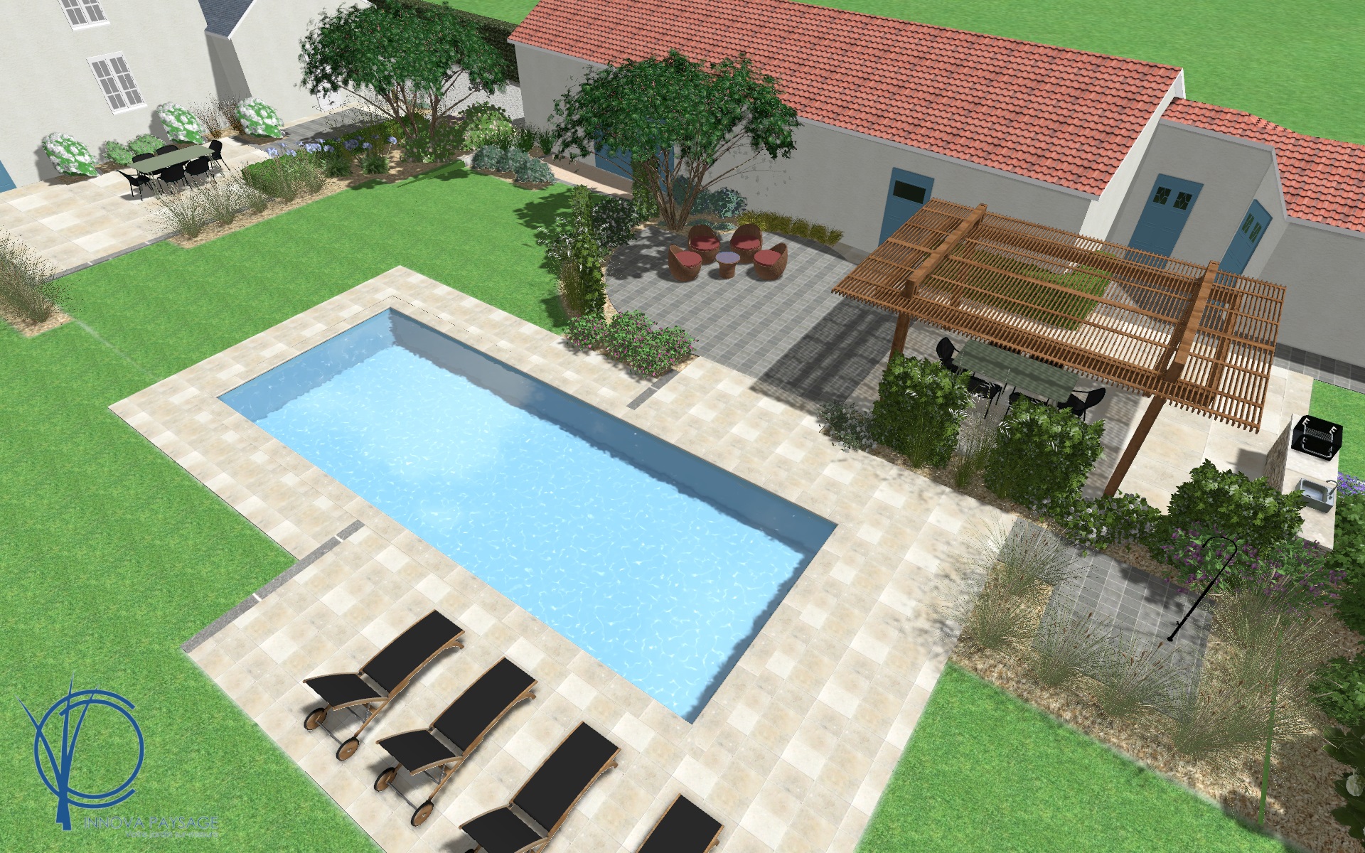 plan 3D jardin piscine